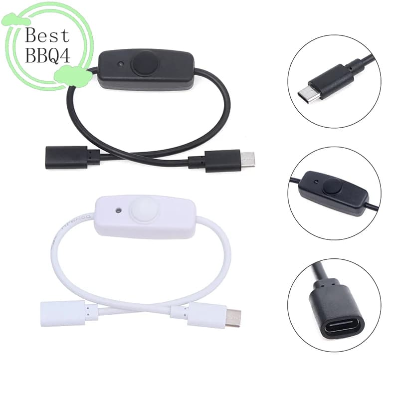 (BBQ4) Cavo di prolunga USB-C da 30 cm con interruttore a pulsante, da maschio a femmina, per Raspberry Pi 4, luce notturna a LED, mini ventilatore