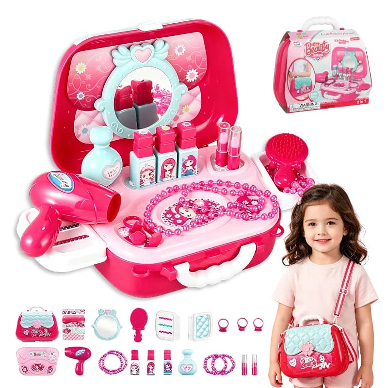 21 pieces 2 in 1 role game fake makeup set for girls, set of toys for children with suitcase, hairdryer, lipstick, 3+, jewelry, gift