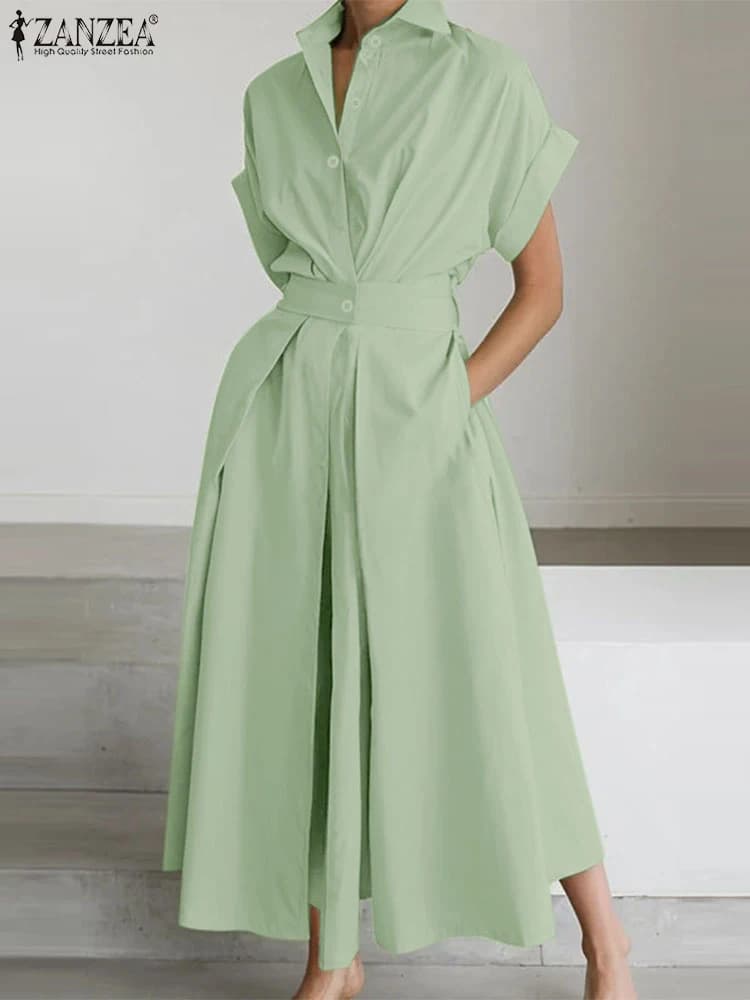 ZANZEA Women Summer OL Work Dress Elegant Short Sleeve Office Sundress Casual Solid A Line Buttons Holiday Vestidos Kaftan Robe