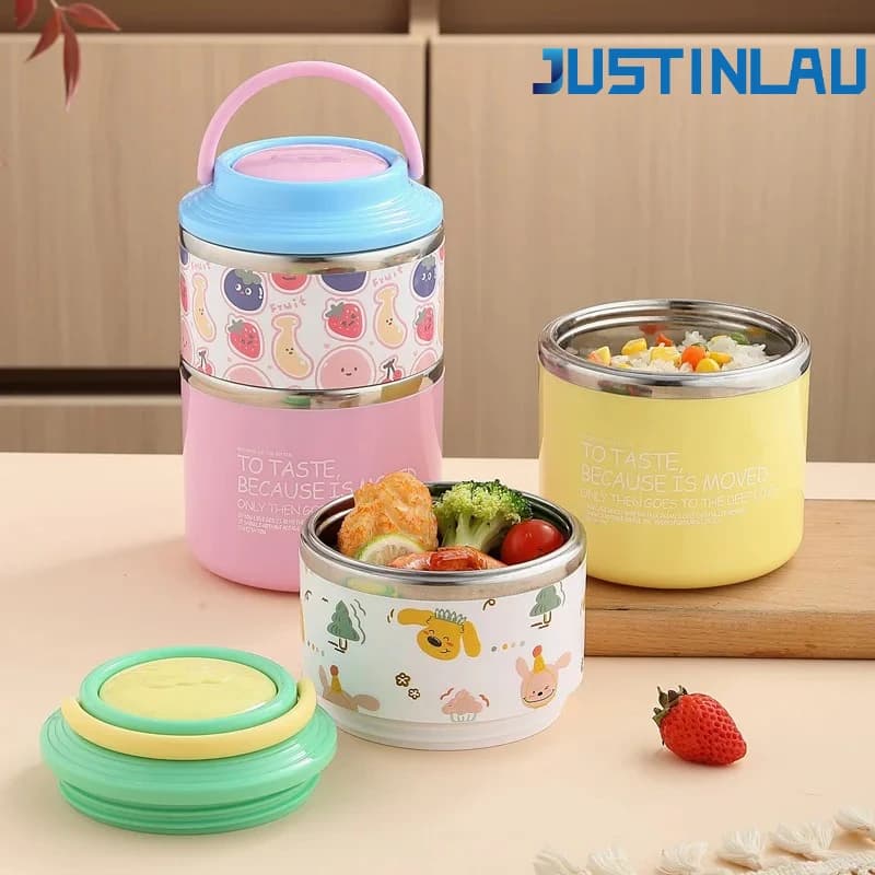 JUSTINLAU Thermos Bento Box Cartoon Scatola da pranzo in acciaio inossidabile a doppio strato Lavoratori d'ufficio Studenti Contenitore per alimenti portatile