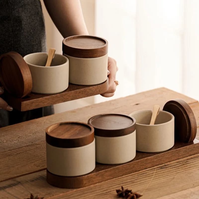 Set di barattoli di spezie in ceramica in stile giapponese Contenitori per condimenti in argilla da cucina per sale, pepe, peperoncino, polvere, ideale per la casa