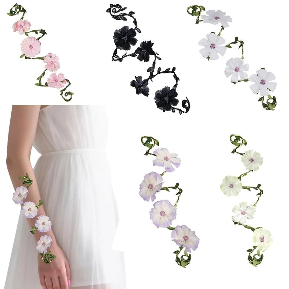 Woven Faux Flower Twisted Leaves Bracelet Vintage Elegant Wrist Flower Arm Chain Bohemian Casual Forest-style Costume Accessory