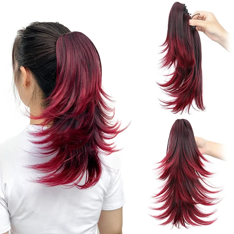 14 Inch Synthetic Short Layer Horsetail Hair Extension Clip in Hair Black Blond Red Wiper for Women