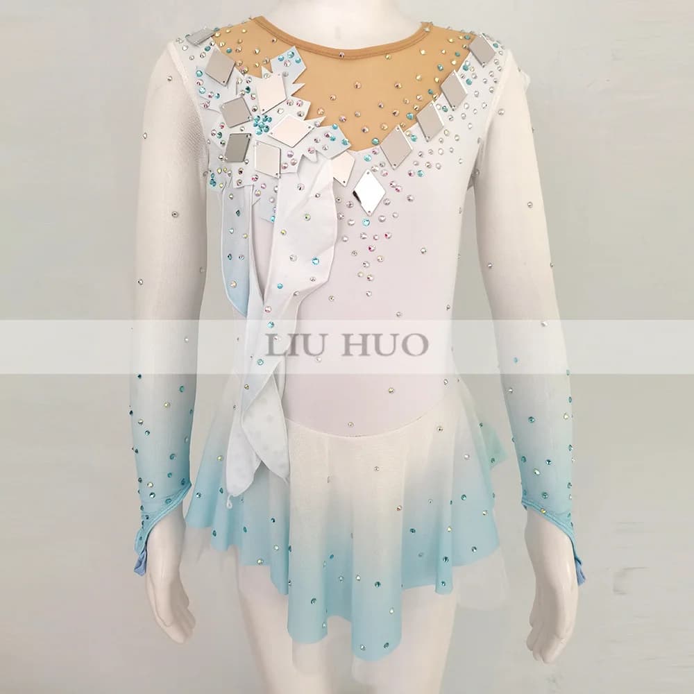 LIUHUO Ice Dance Figure Skating Dress Women Girl Teen Customize Costume Performance Competition Leotard Roller Light Blue Child
