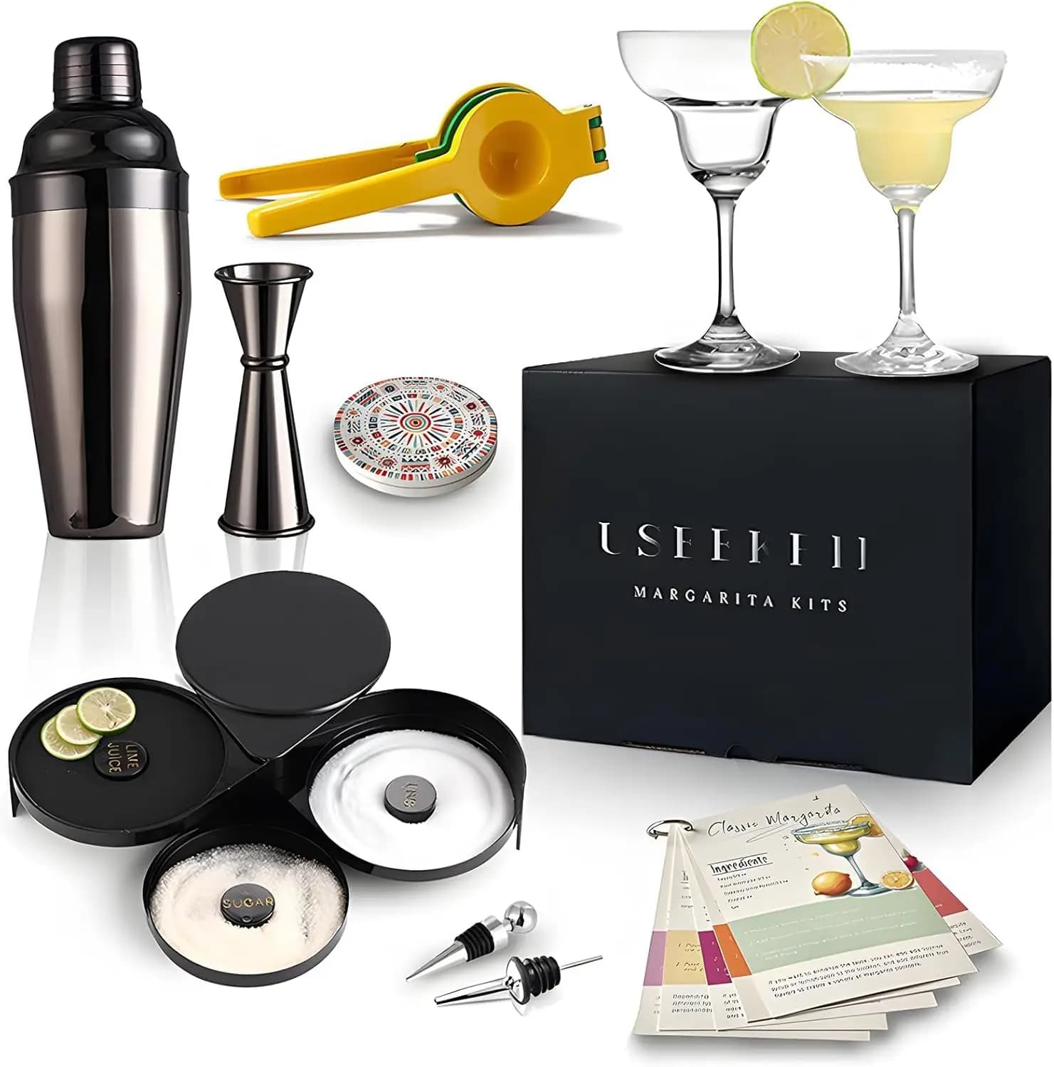 Kit Margarita con 2 Bicchieri, Saliera, Shaker per Cocktail e Jigger, Sottobicchieri, Spremiagrumi - Set Completo