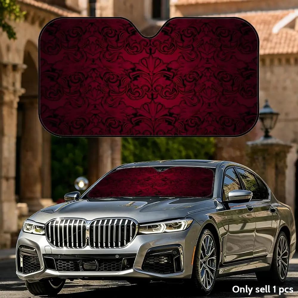 Parasole Auto Damascato Scuro con Motivo Floreale, in Alluminio, Protezione UV, Isolamento Termico, Pieghevole e Riutilizzabile