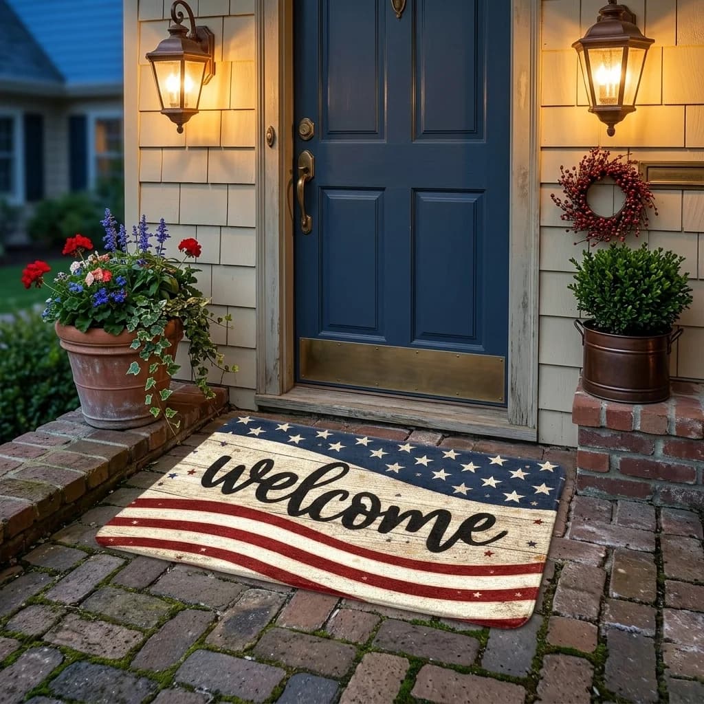 Tappeto d'ingresso con bandiera americana, resistente alle macchie, lavabile, patriottico, per interni, ingresso, cucina, veranda.