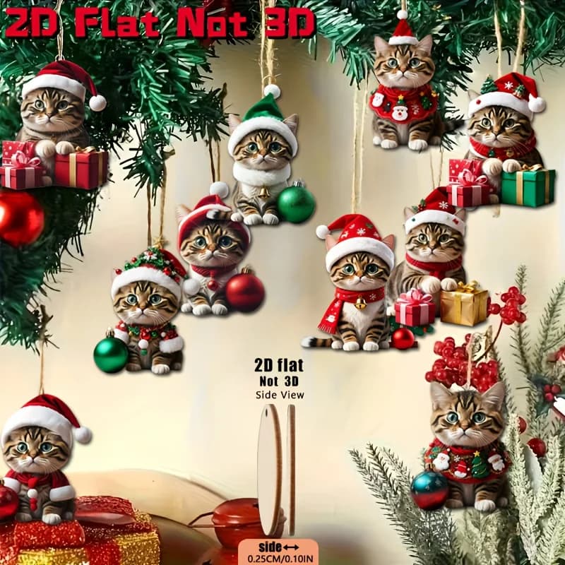 Cartoon Cute Cat Christmas Tree Pendants 2D Wooden Hanging Ornaments Home Party Christmas Decoration 2027 Navidad New Year Gift