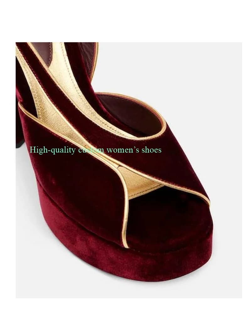 Claret Velvet Fabric Extremely High Platform Sole Sandals Round toe Webbed Toes Chunky Heels Ankle Buckle Banquet Luxury Sandals