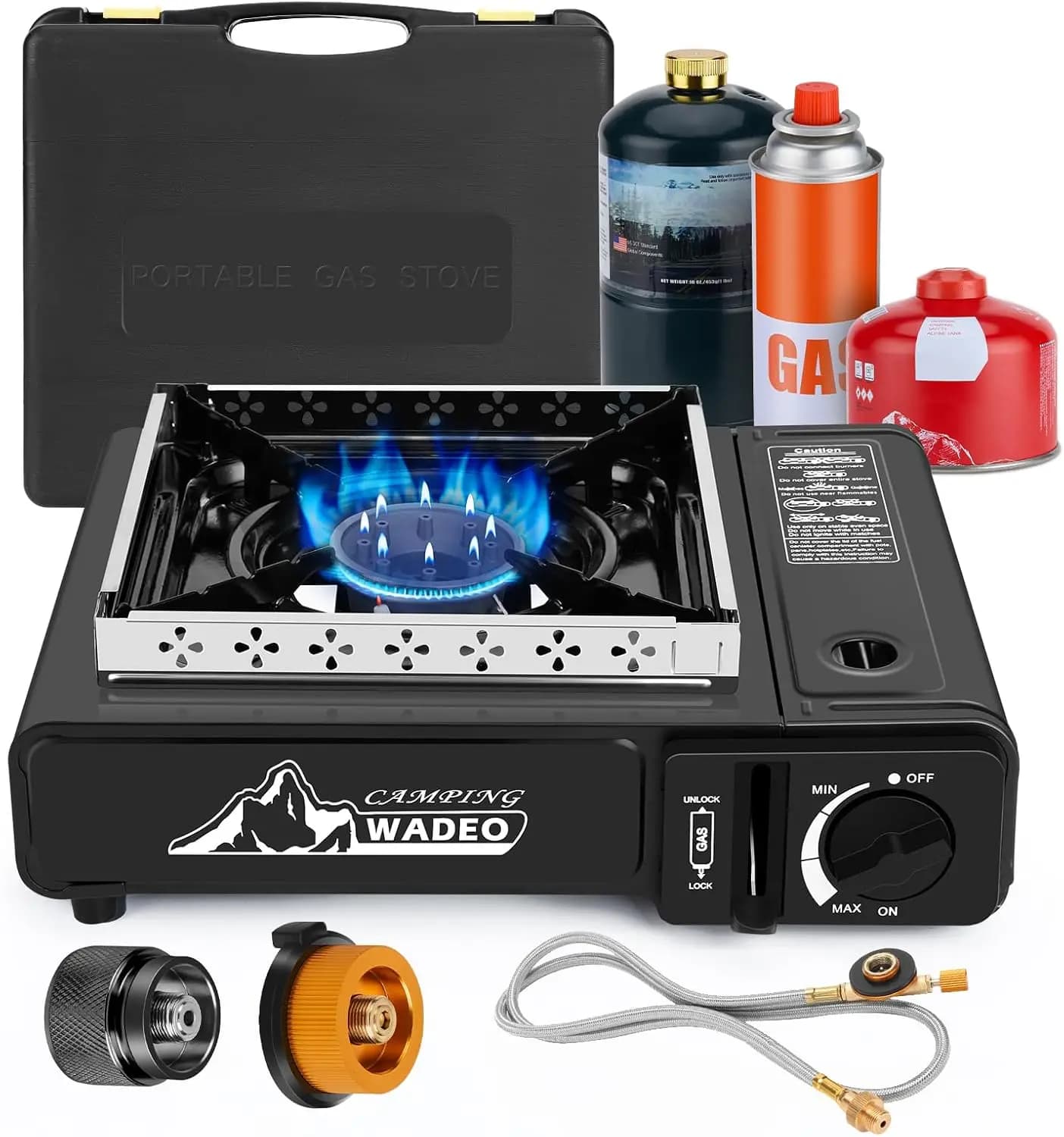 Portable three-burner camping stove with windproof, butane propane stove isobutano 3 in 1, includes transport case and stainless steel
