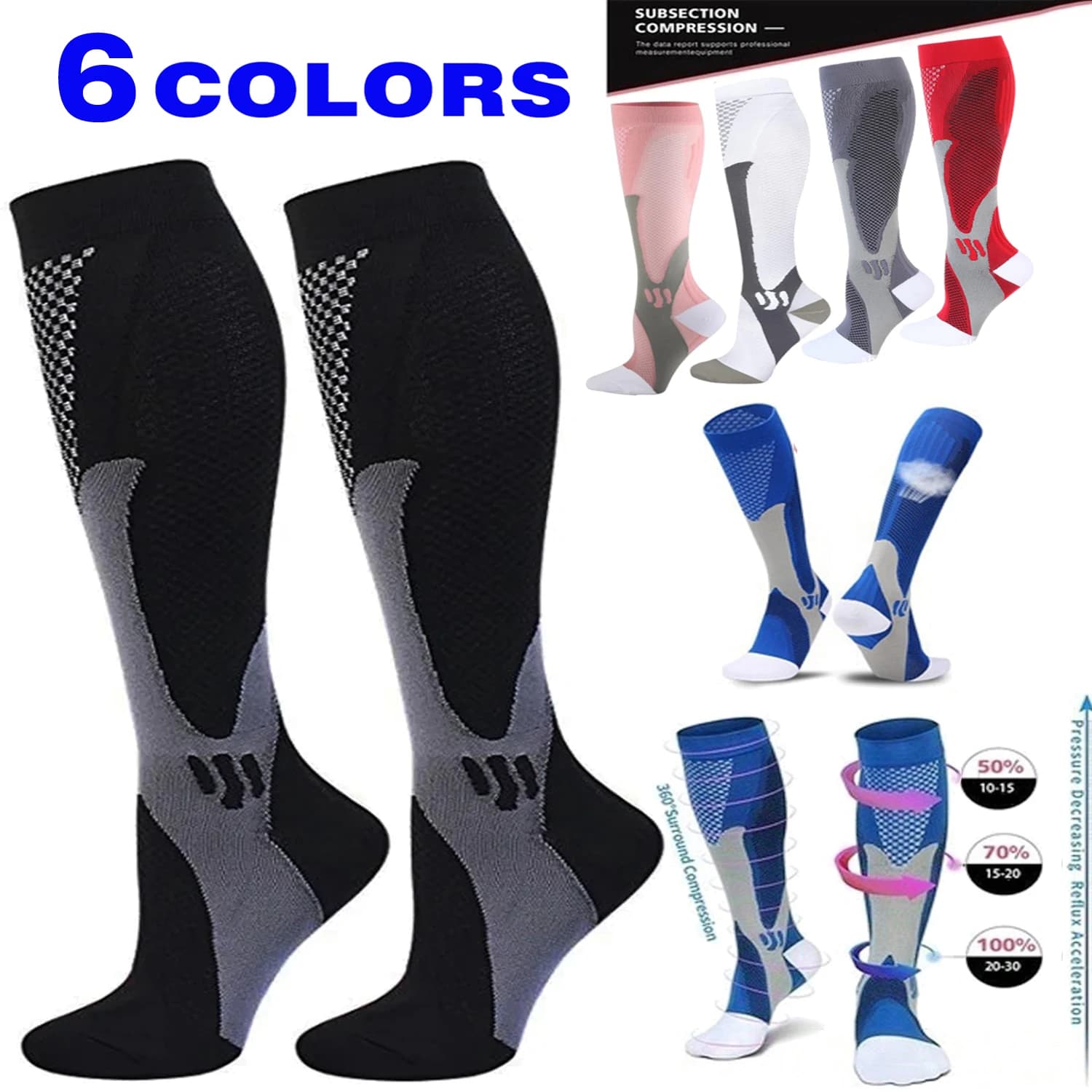 3/6 Pairs High Compression Socks 20-30mmHg for Men & Women Sports Marathon Cycling Football Varicose Veins Prevention Compressio