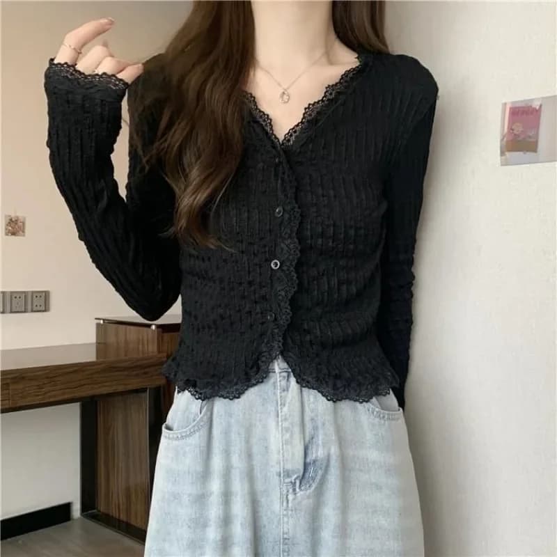 Cardigan Women Lace Sweet Style Sun-proof Aesthetic Kawaii Summer Slim Casual Ins Lady Soft Solid Mujer Crops Ulzzang Sunscreen
