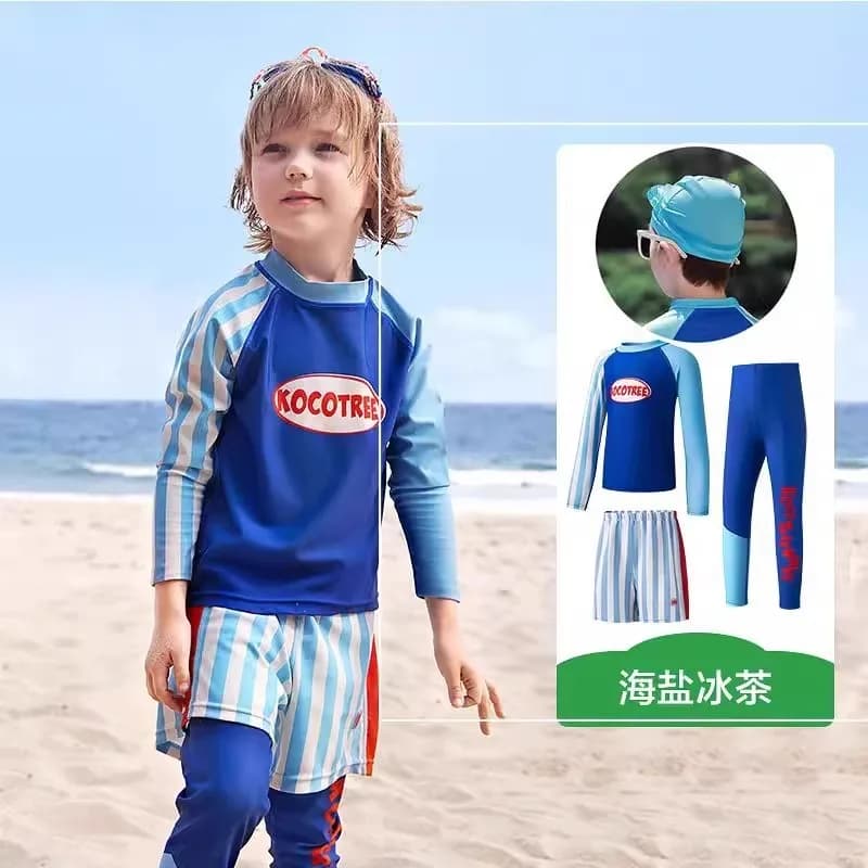 Children's Swimwear: Boys' Two-Piece Beach and Sun Protection Swim Set with Swim Cap and Goggles Included
