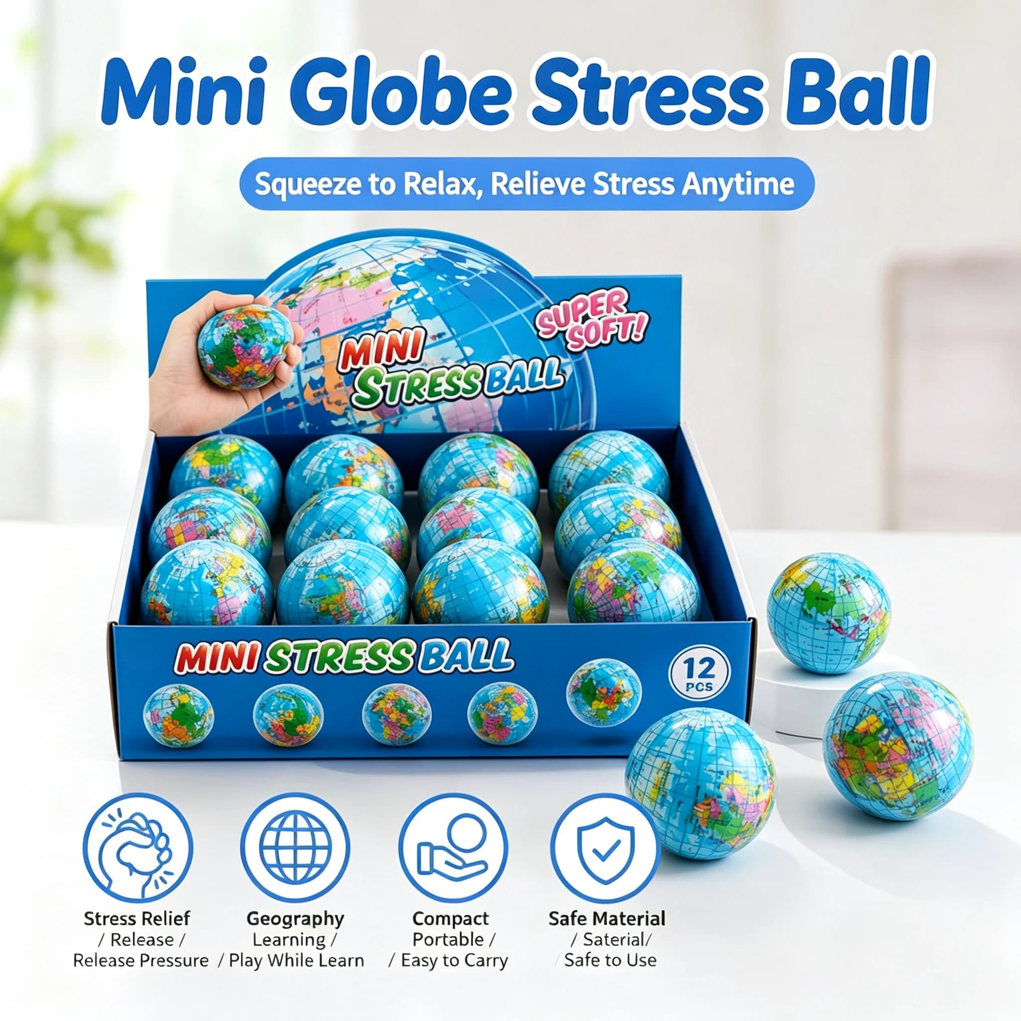 Soft Sponge Globe Squeeze Ball, Elastic Stress Relief Fidget Toy, Educational Geography Map Toy for Daily Pressure Reduction