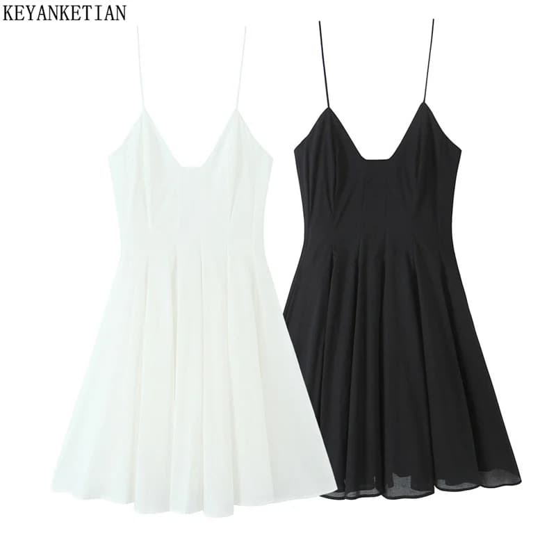 KEANKETIAN 2025 Summer of the new women with strap of spaghetti Halter Dress Sweet Chic breast bass deep V neck slim mini pleated dresses wide