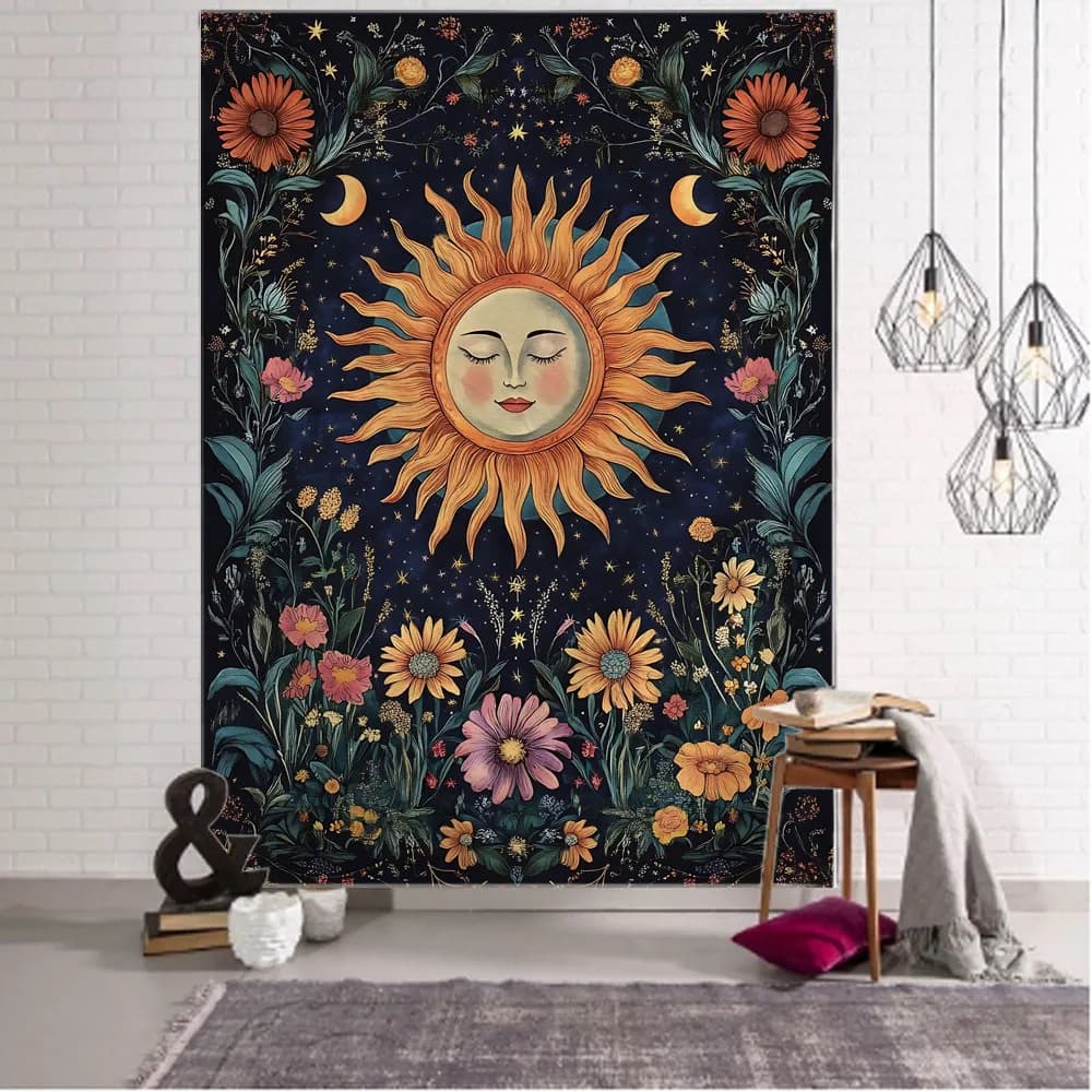 Flower Moon Art Tape Hippie Mandala Style Wall Hanging Fabric Background Poster Home Decoration Sheets Yoga Mat