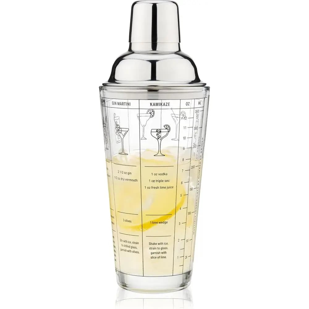 13.5 oz Clear Glass Cocktail Shaker with 7 Classic Drink Recipes & Home Bar Essentials