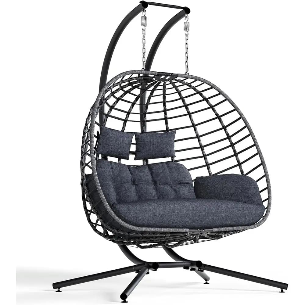 Sedia a dondolo da esterno in vimini per 2 persone con cuscino, ideale per patio, giardino o camera da letto - Grigio