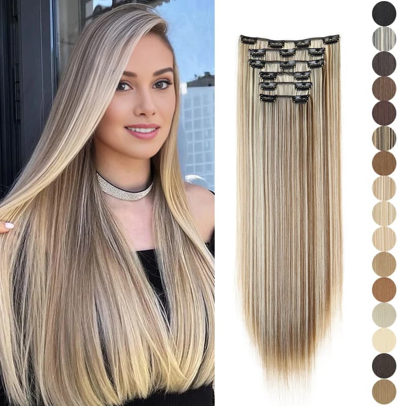 Extension per capelli sintetiche da 24 pollici con 16 clip, lunghe e lisce, bionde e nere, resistenti al calore, per uso quotidiano