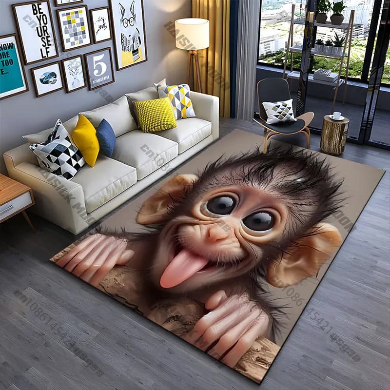 Carpet with curious creature in the foreground, yoga mat, decoration for living room, baby mat, tirbino, carpet for play area