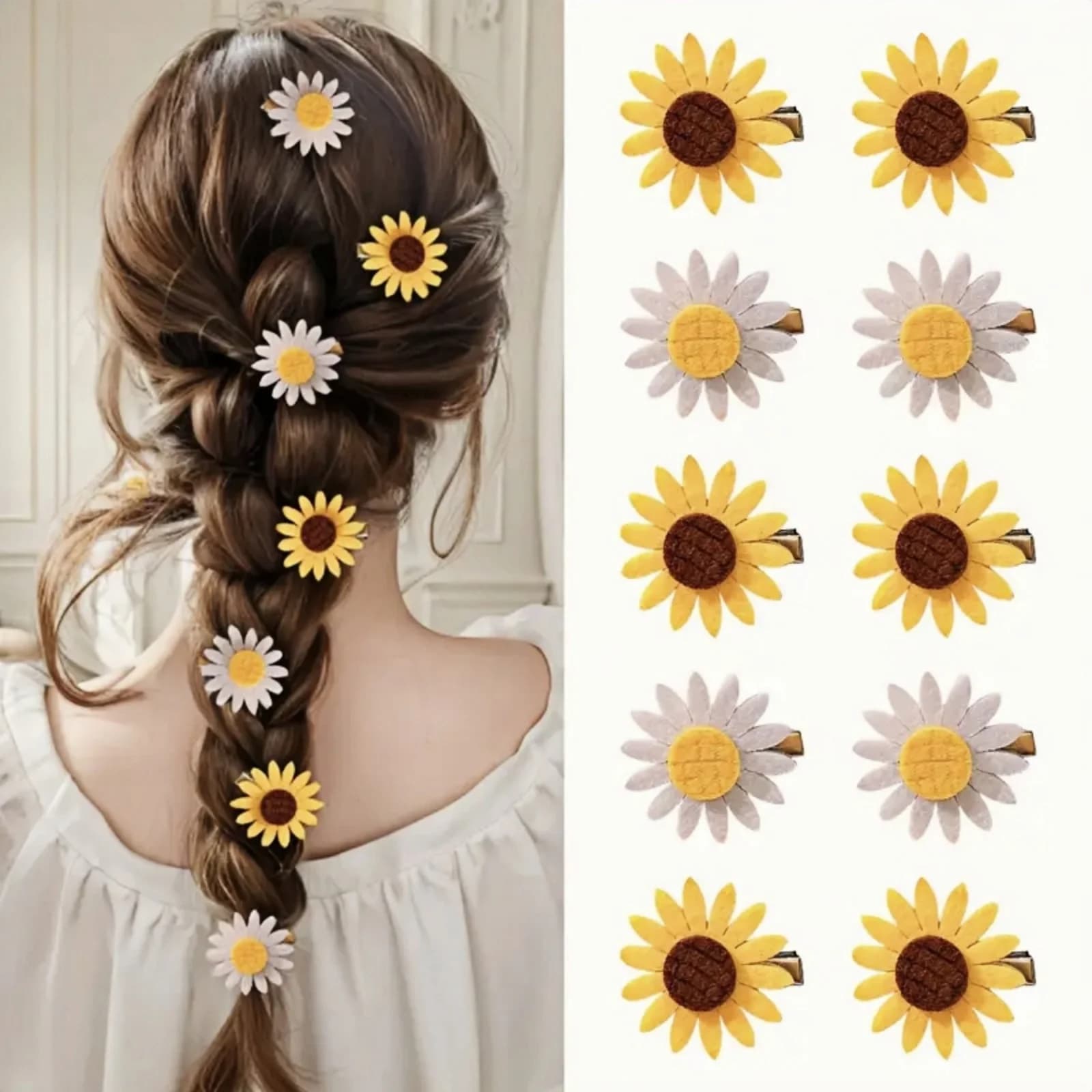 10/20 fermagli per capelli girasole - clip a becco d'anatra con frangia laterale elegante e versatile, accessori per capelli girasole in cotone non tessuto per bambini