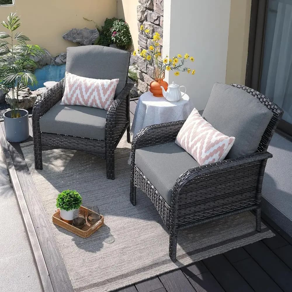 Set of outdoor sofas in 2 pieces wicker with chairs with high backrest and comfortable cushions in grey