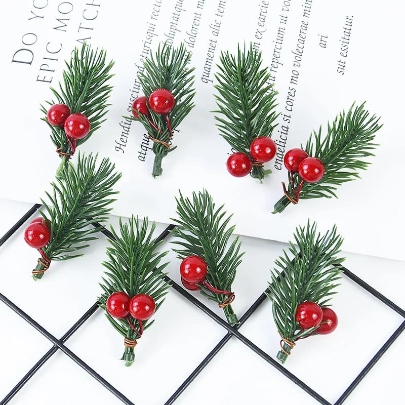 10pcs Christmas Berry Pine Cone Holly Branches Artificial Red Pine Needles Xmas Tree Ornament Home Decoration DIY Wreath Gift