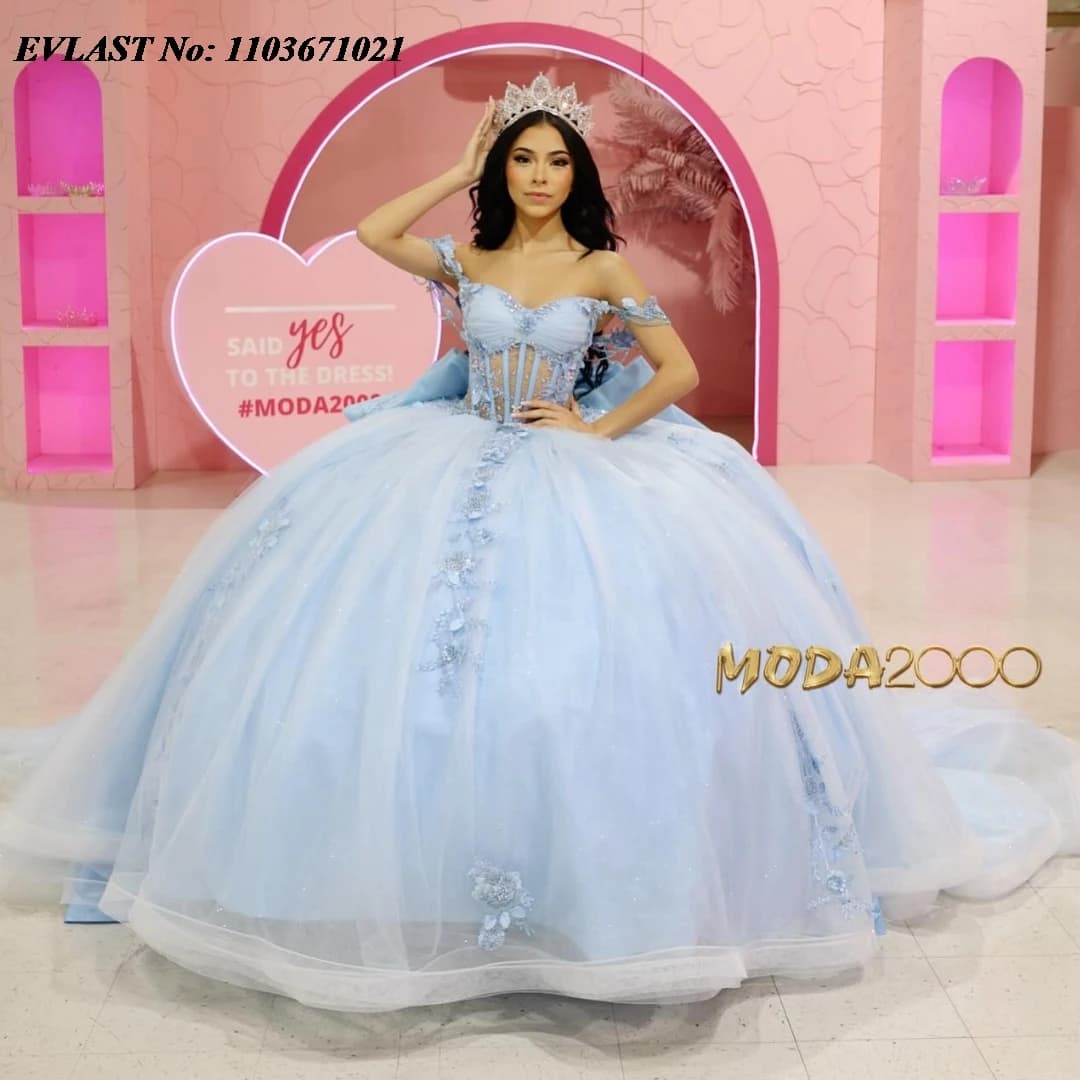 EVLAST Personalizzato Cielo Blu Abito Quinceanera Abito di Sfera Applique Floreale Fiocco di Perline Corsetto Messicano Dolce 16 Abiti De Anos SQ410