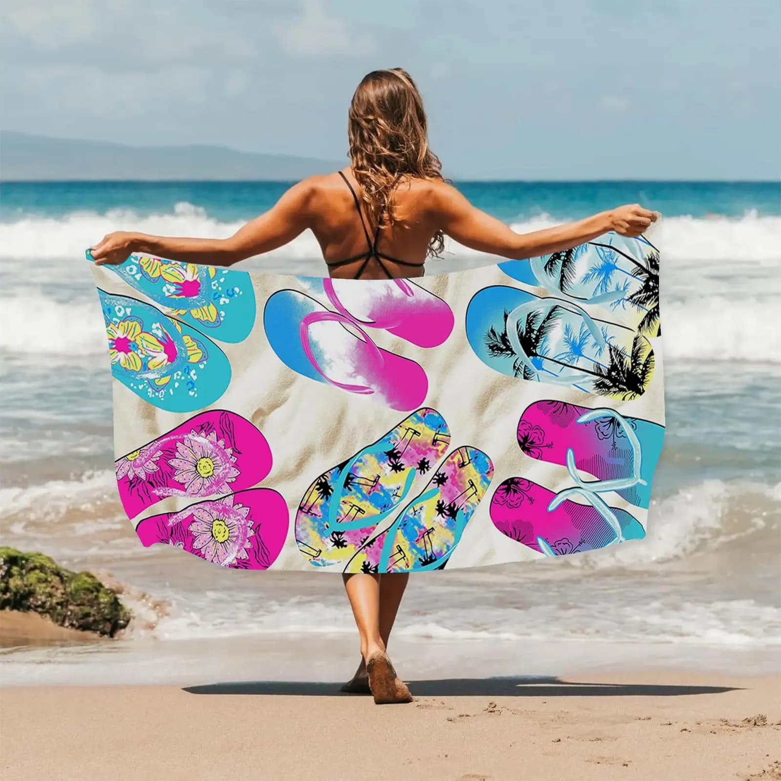 Asciugamano da Spiaggia con Stampa Infradito Colorata, Extra Large, ad Asciugatura Rapida, in Microfibra, Anti-Sabbia, Assorbente, per Piscina e Viaggi, Lavabile