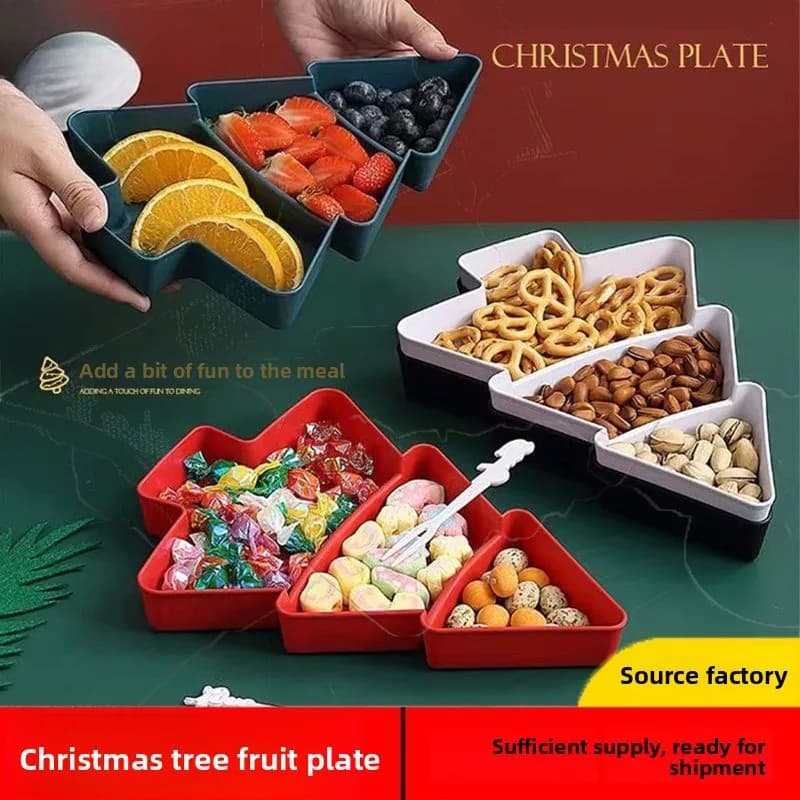 Vassoio creativo per frutta con tronco di albero di Natale, vassoio di caramelle in plastica rossa per la casa, semi di melone e scatola di frutta secca, scatola per snack