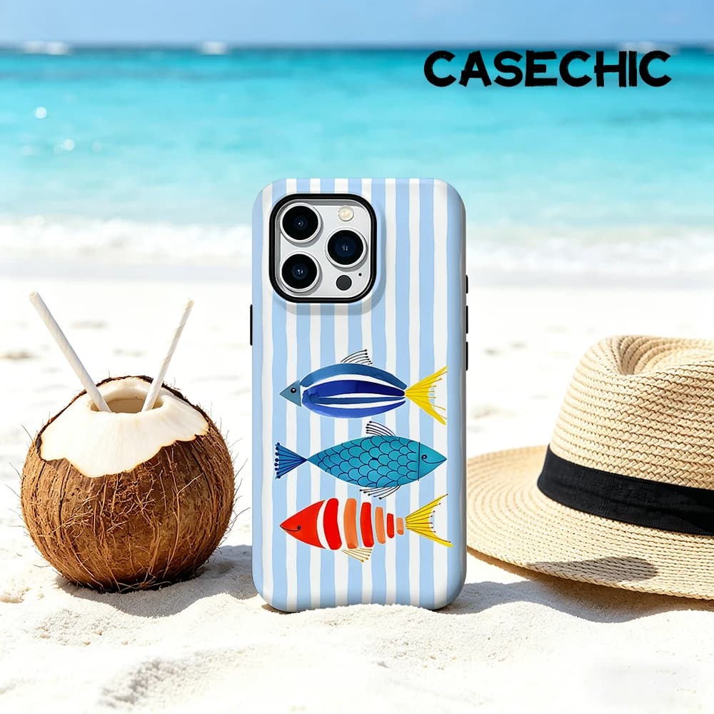 Custodia CaseChic opaca antiurto per MagSafe per iPhone 17 16 15 14 Plus Pro Max, in PC rigido, con motivo a righe colorate e pesci