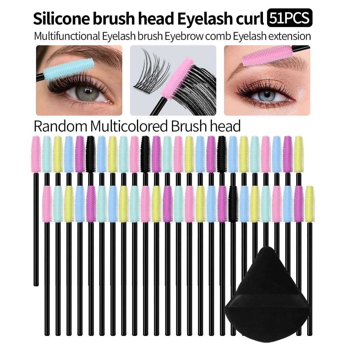Set di 51 Pennelli in Silicone per Ciglia con Piumino, Bacchette Monouso Multicolore per Mascara, per Arricciare le Ciglia ed Extension Ciglia