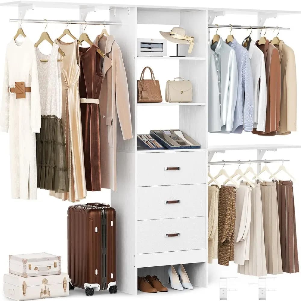 Sistema Armadio con Cassetti 8FT, Organizzatore per Armadio in Legno con 3 Aste Appendiabiti e Torre di Scaffalature, Organizzatore per Cabina Armadio 96