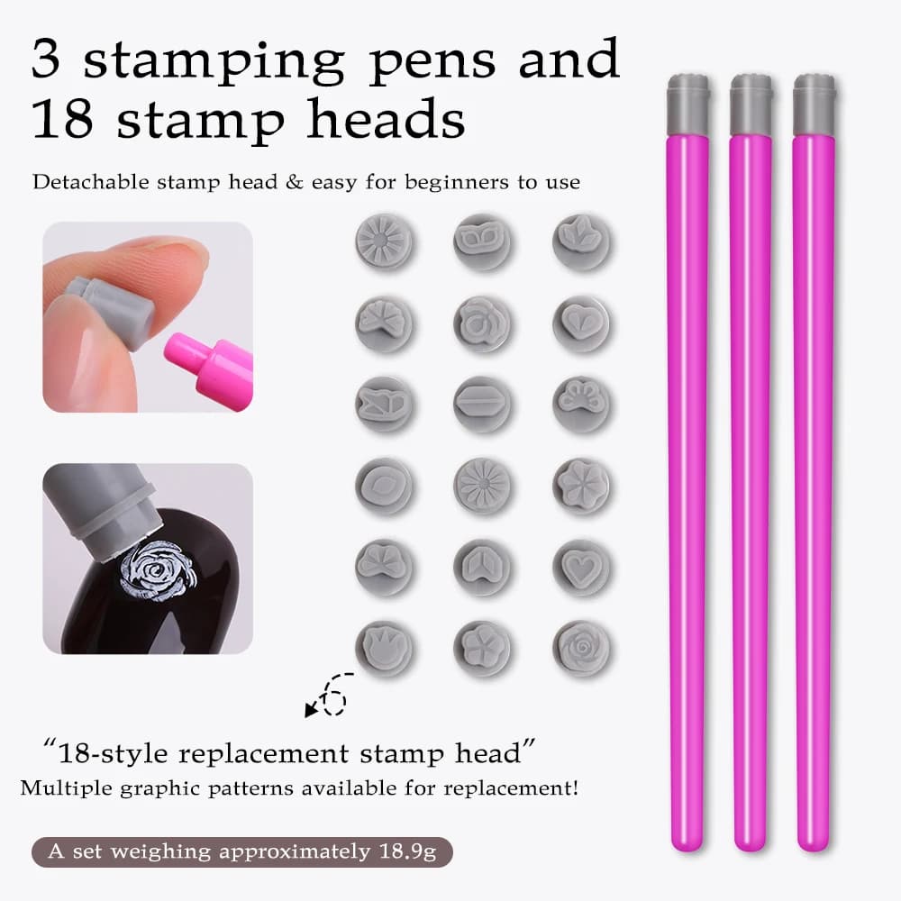 Set di 3 penne per timbri per nail art con 18 teste di timbri sostituibili Design floreale a farfalla per timbri per unghie Strumento di disegno per punteggiatura per manicure