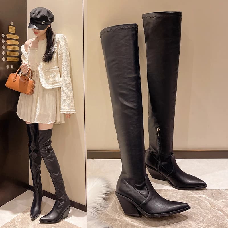 Stivali da donna classici sopra il ginocchio alla moda Scarpe casual autunnali con zip per donna Stivali da moto in pelle solida con tacco alto quadrato