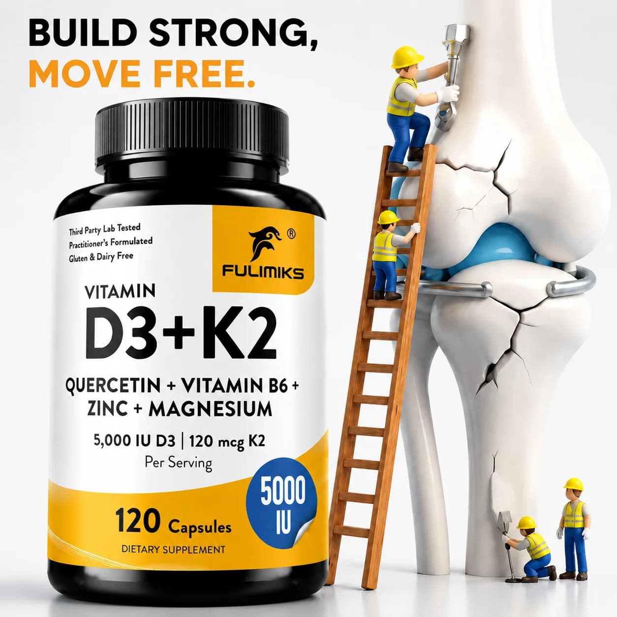 Vitamin D3 K2 Supplement, 6-in-1, with Magnesium Zinc B6 Quercetin, Supports Bone, Immune, Energy And Muscle Health, Gluten-Free