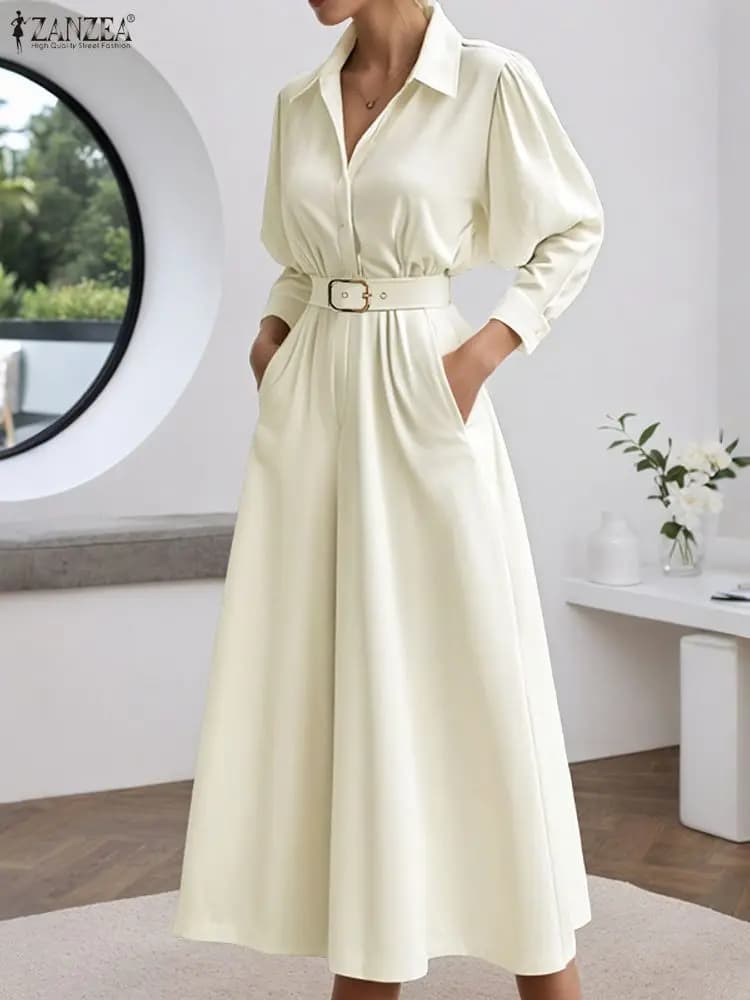 2025 ZANZEA Tute lunghe da donna eleganti Manica lunga Risvolto Pagliaccetti casual Moda con cintura Pantaloni a gamba larga Tasche Tute da ufficio