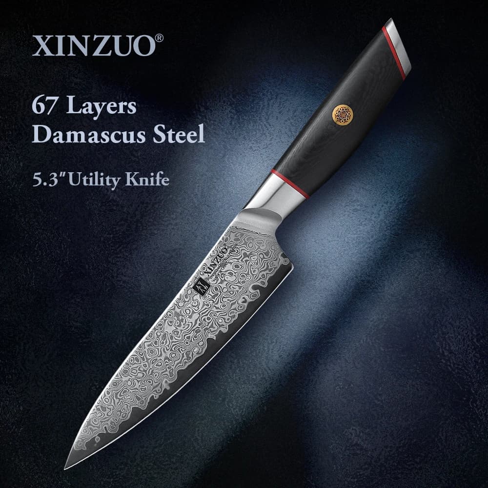 XINZUO 5.3" Utility Knife Multi Purpose Kitchen Knife Damascus Steel 10Cr15CoMoV Sharp Cutting Tool Carbon Fiber G10 Handle