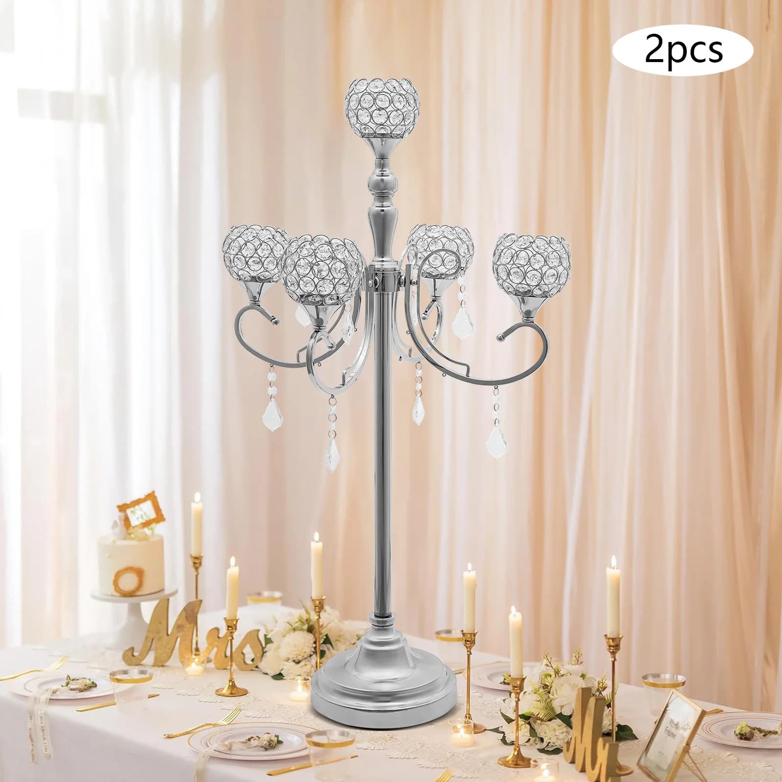 Set of 2 33 Inch Silver Crystal Candles, 5 Arms Lamp for Dining Table, Weddings, Home Furniture, Glass Candles