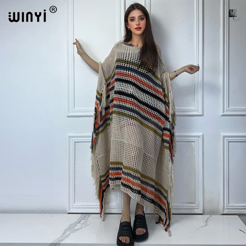 WINYI 2024 summer Rainbow printed openwork sexy beach knit nappe dress Bikini Cover-up Women Beachwear costume da bagno Cover Up dress