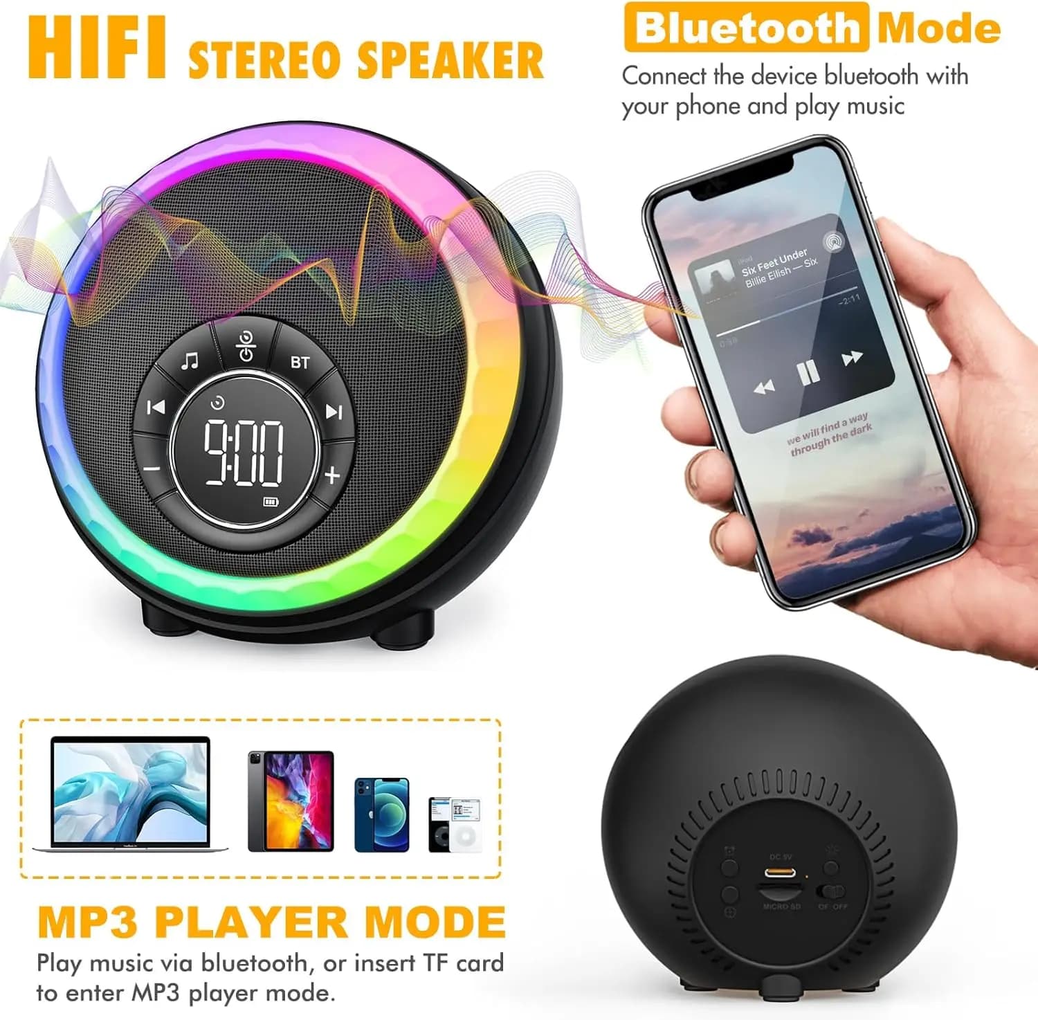 Sveglia con Altoparlante Bluetooth e Luce Notturna, Macchina del Suono Portatile con Rumore Bianco, Lampada da Comodino Dimmerabile per Camera da Letto, Regalo Perfetto