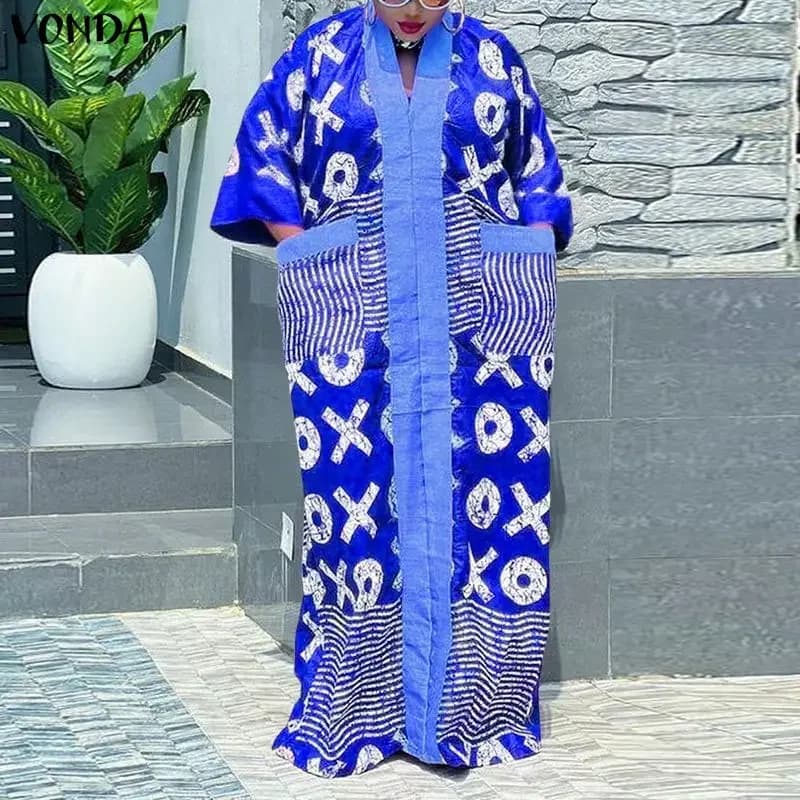 VONDA Plus Size Vintage Maxi Dresses Women V-Neck 3/4 Sleeve Casual Loose Print Bohemian Long Vestido Fashion Pockets Party Robe