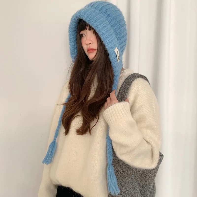 Cappello passamontagna con protezione per le orecchie, cappello da donna in calda lana lavorata a maglia con circonferenza della testa grande autunno e inverno