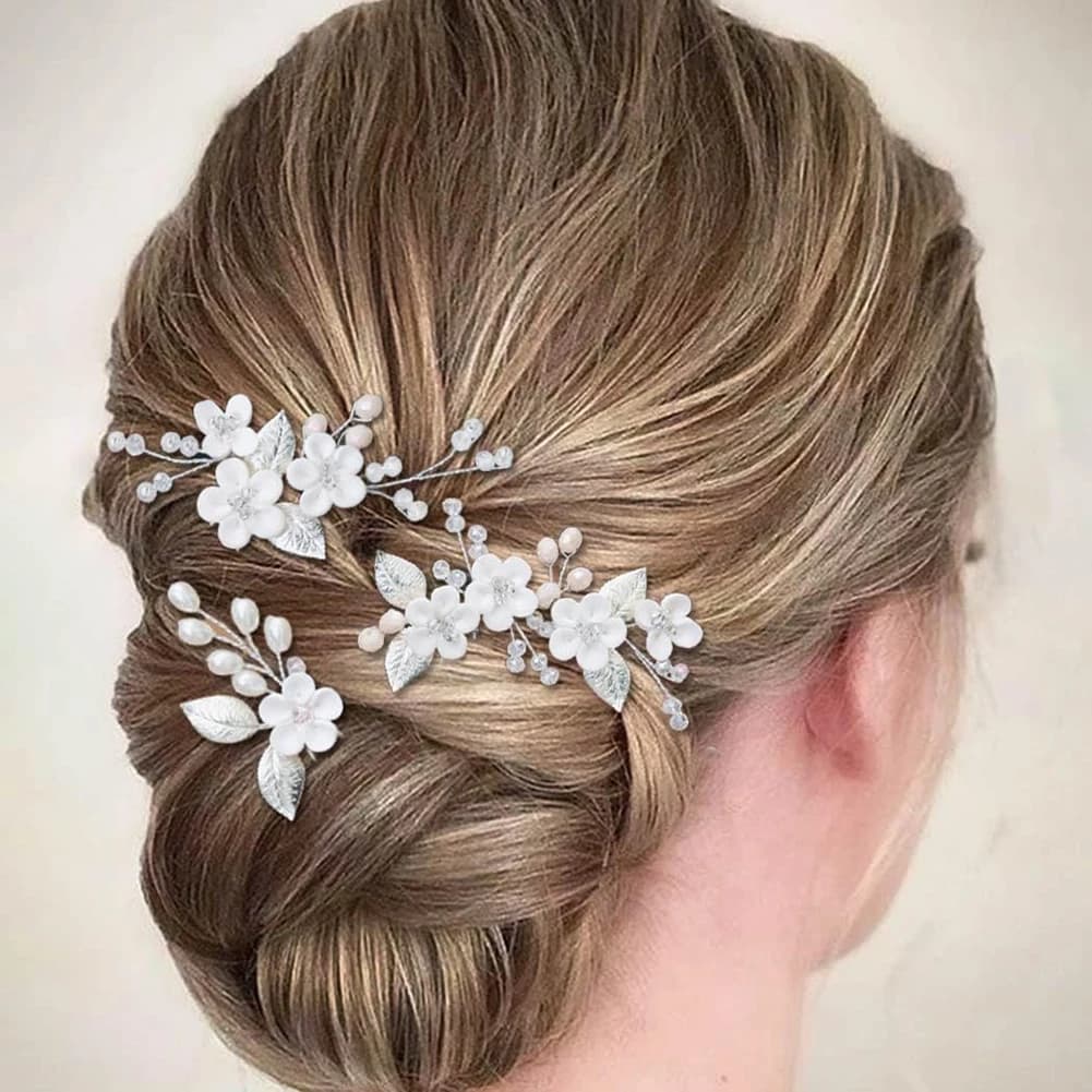3pc Fashion Soft Ceramic Flower Hairpin Elegant Pearl Leaf Bridal Hair Clips Festive Headpieces Women's Jewelry Hair Accessories