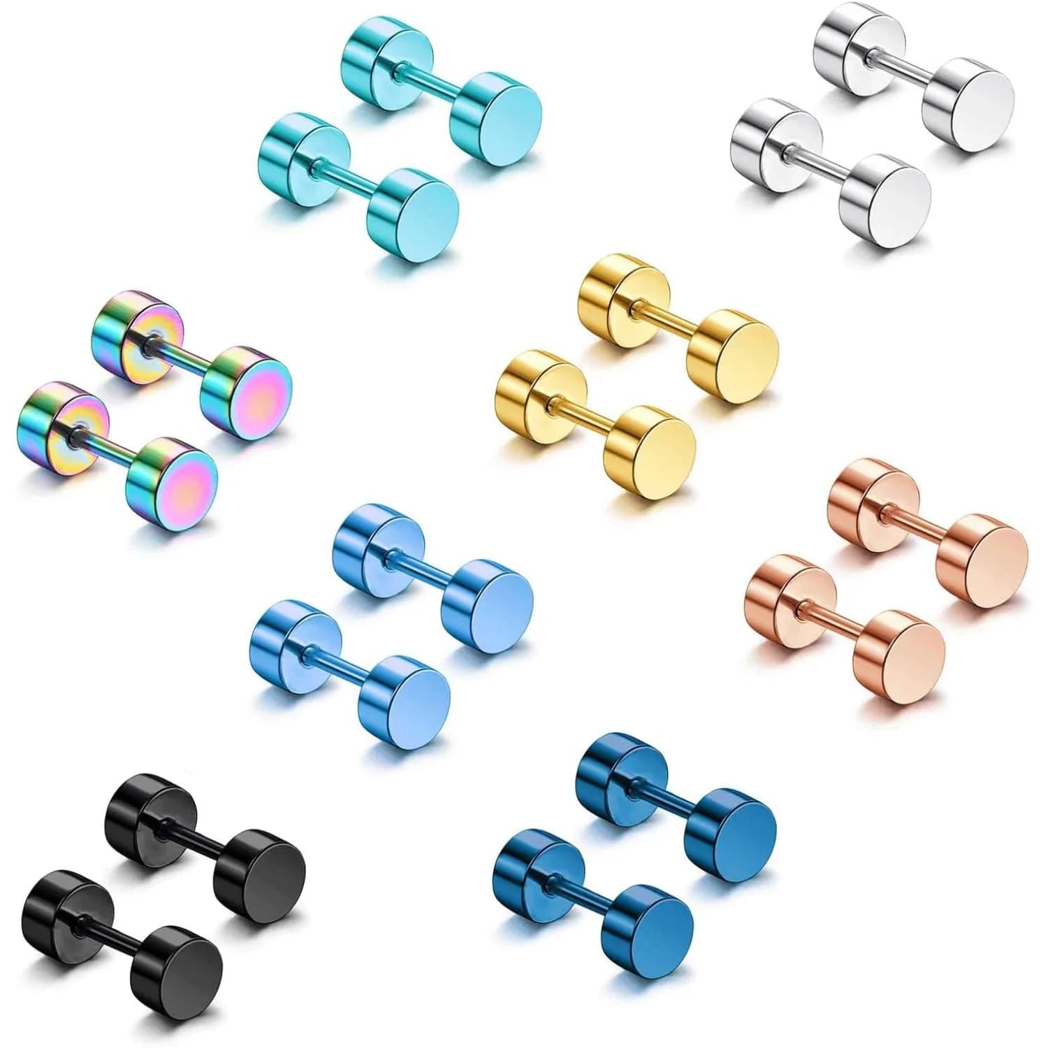 8 pairs of polka dot earrings for men woman screw earrings in surgical steel with back plate multicolor button earrings set of penetrating jewelry