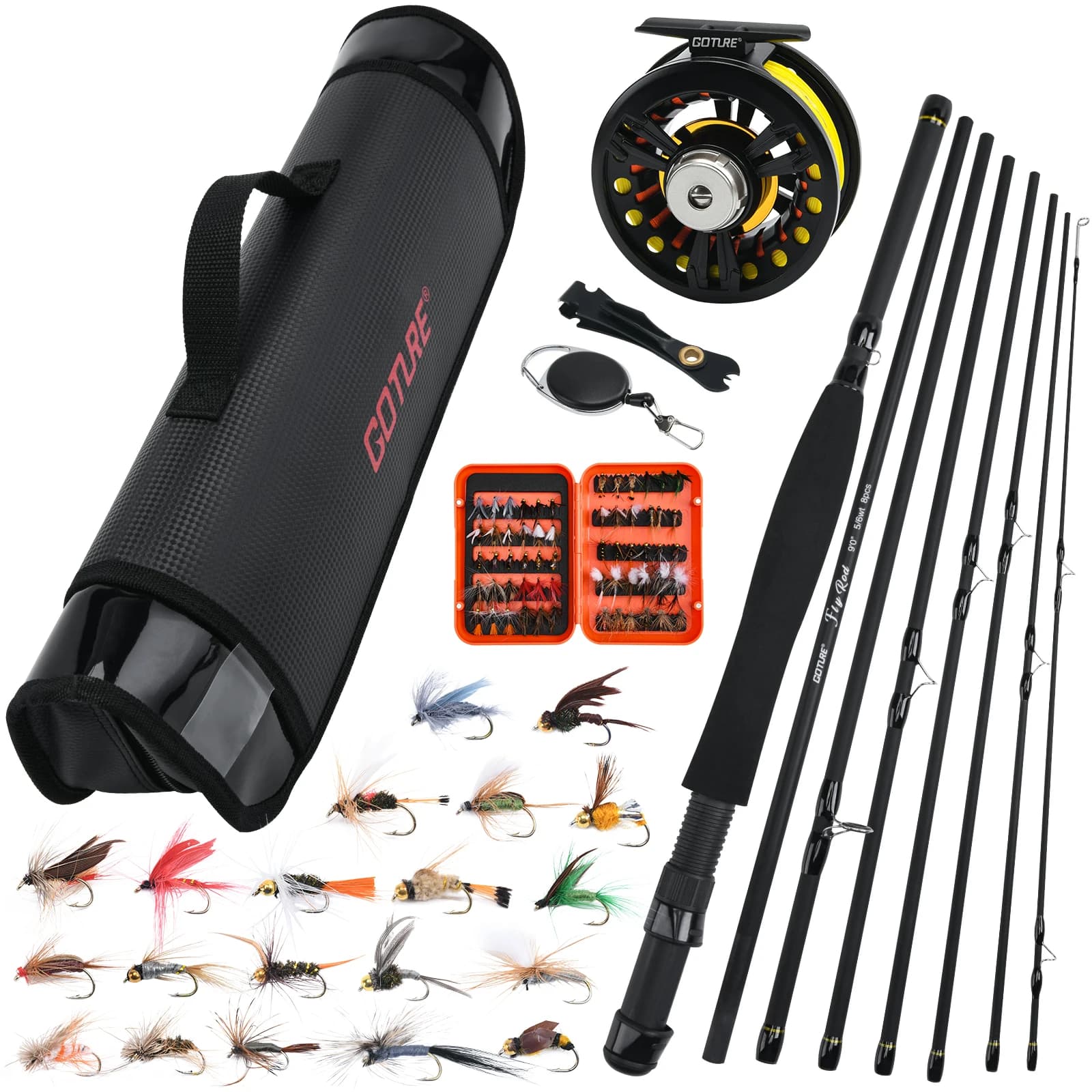 Goture 8 sections Travel Fly Fishing Rod Combo 5/6 # Stream Rod Kit with reel Line Lure Full set fishing gear for fly fishing