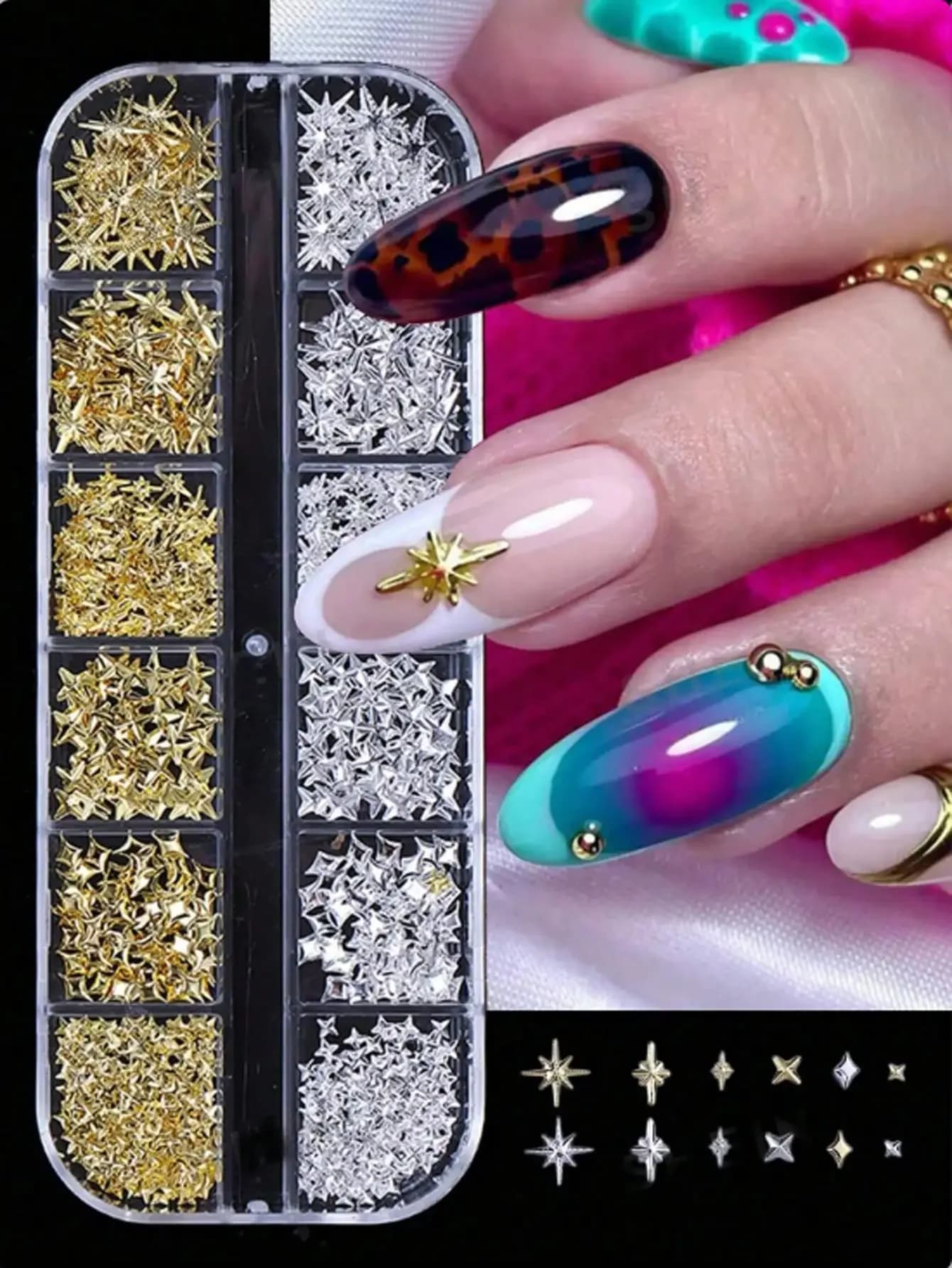 12Grids Mixed Y2K Style Nail Rivets Gold/Silver Star Light Nail Art Decorations Starlight Nail Art Accessories Nail Supplies Japanese Nail Art Accessories Nail Gems