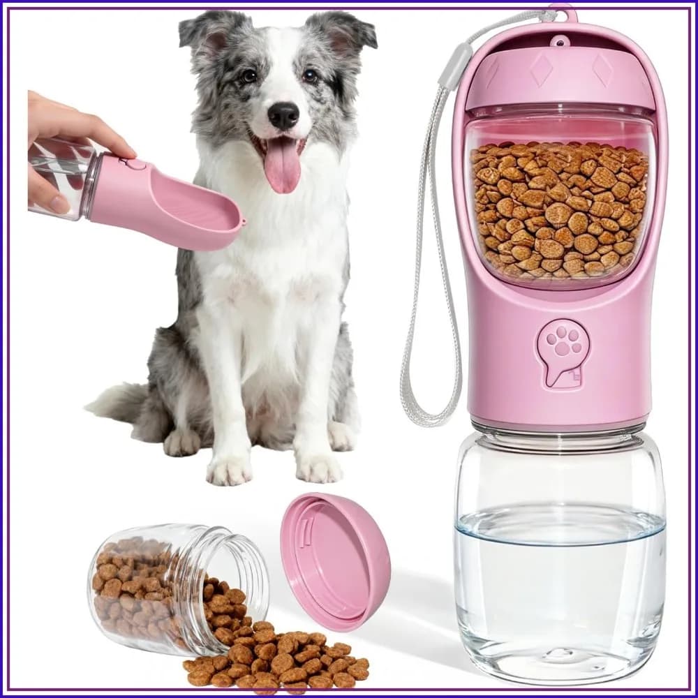2-in-1 Dog Water Bottle with Food Container, Leak-Proof Portable Pet Water Bowl for Hiking Travel Camping, BPA Free