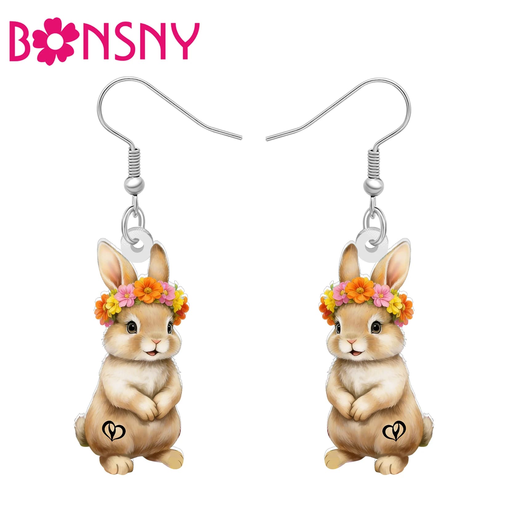 BONSNY Acrylic Cute Bunny Earrings Spring Flowers Wreath Rabbit Dangle Drop Forest Animals Jewelry Gifts For Women Girls Teen