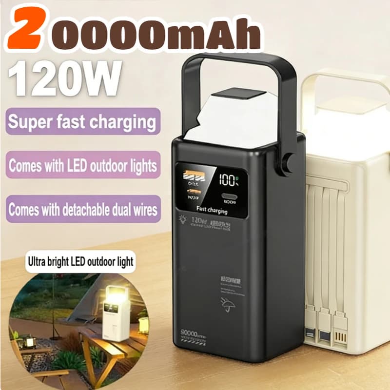 120W Power Bank 200000mAh Large Capacity Portable Outdoor Emergency Power Supply Built-in cable Camping Iight For iPhone
